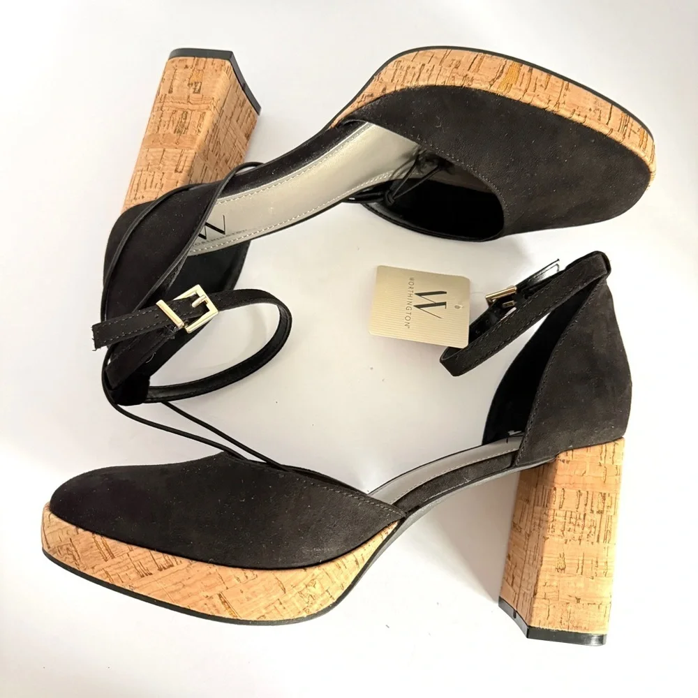 Worthington Woman’s Panama Block Heels in Black Faux Suede Cork Platform Size 9M